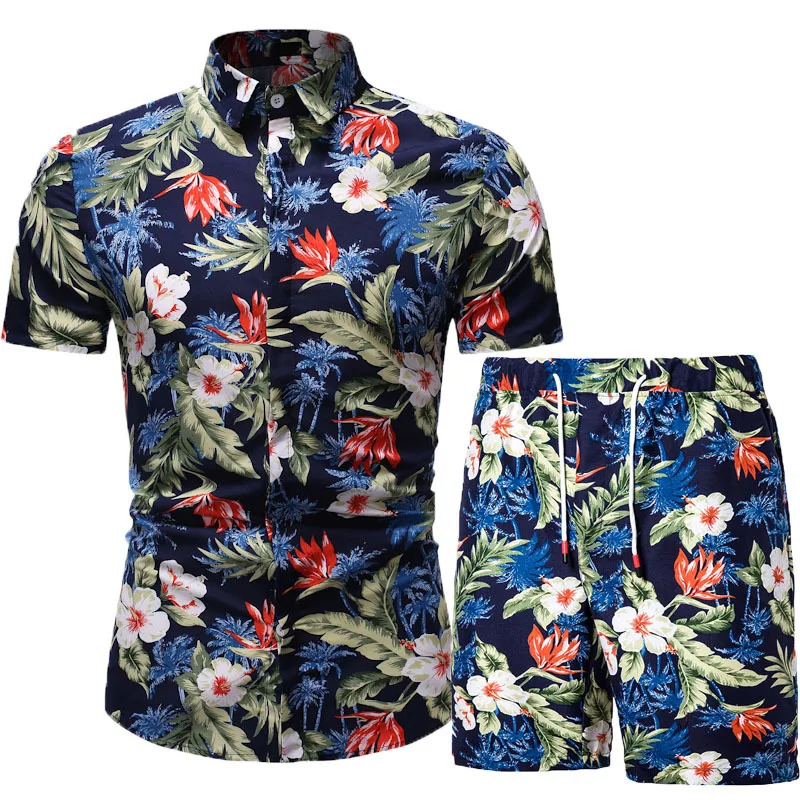 

Hawaiian korean clothes style lapel Ouma fashion print comfortable short shirt seaside vacation set for summer button up shirt