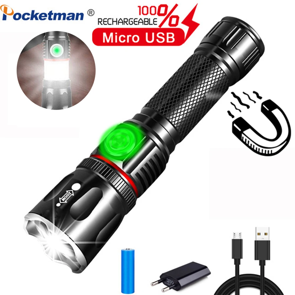 

Pocketman LED Flashlight USB Rechargeable Torch lanterna Telescopic zoom flashlight Linterna With Tail Magnet COB Work Light