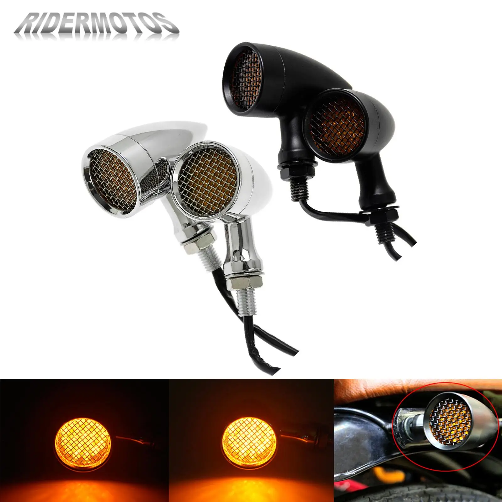 

1Pair Retro Motorcycle Turn Signal Light LED Brake Light Metal Shell Blinkers Flashers Black/Chrome For Harley Sportster XL Dyna
