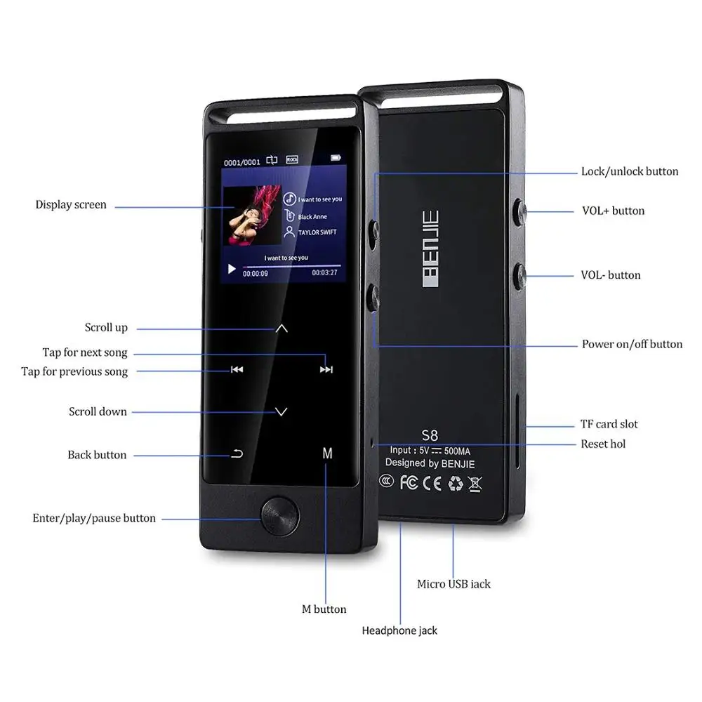 Ультра-тонкий Lossless HiFi Bluetooth MP3 музыкальный плеер BENJIE-S8 сенсорная кнопка с fm-радио, диктофон