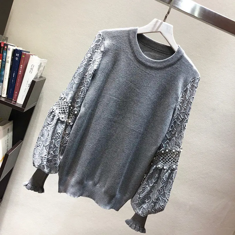 Женский осенне-зимний трикотажный пуловер с кружевом и рукавами-фонариками |
