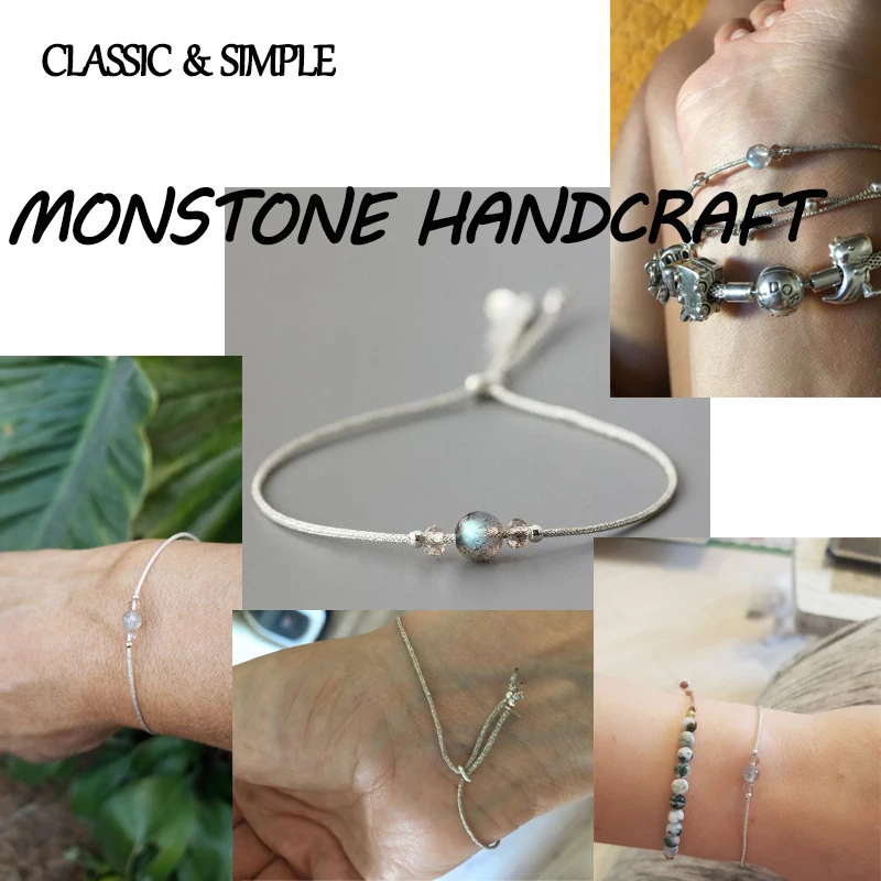 Minimalist Clear Moonstone Bracelet Simple Thin Rope With Natural Crystal Silver Beads Bracelets For Women Adjustable Jewelry | Украшения и