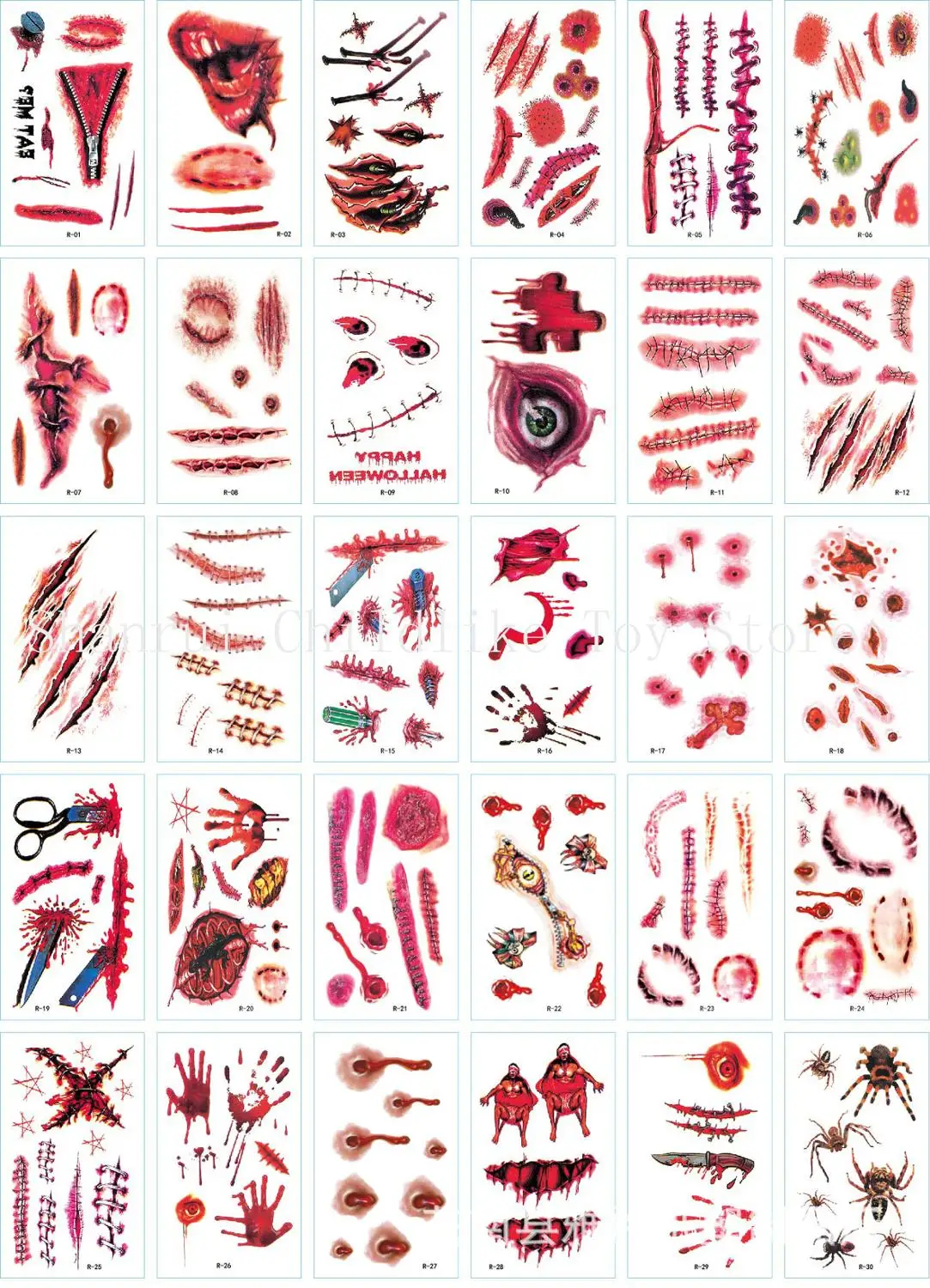 30pc /set Halloween Zombie Scars Tattoos With Fake Scab Bloody Decoration Wound Scary Blood Injury Sticker Funny | Игрушки и хобби