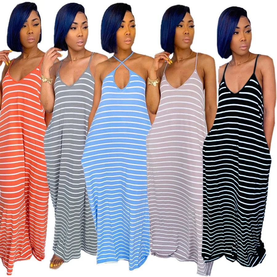 

Oluolin Maxi Dresses for Women Casual Halter Loose Striped Beachwear Sleeveless Floor-Length Outfit Nightclothes Sleep Wear