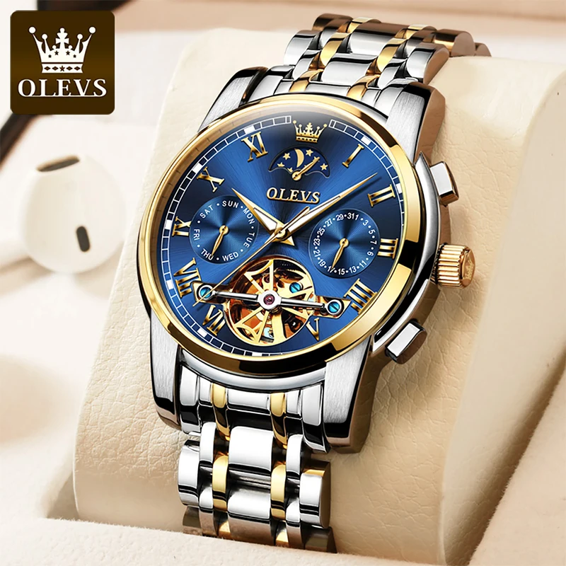 OLEVS Fashion New Men Business HD Luminous Waterproof Multifunction Moon Phase Watches Male Automatic Mechanical Reloj Hombre reef tiger rt fashion brand watches men sports waterproof two tone rose gold moon phase big date mechanical watch reloj hombre