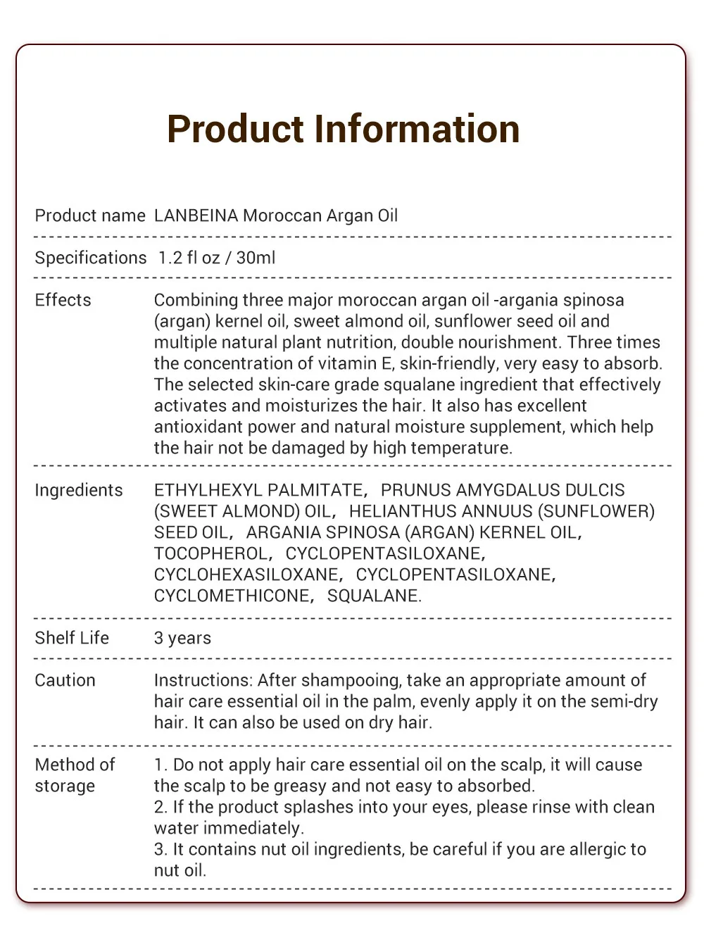 Эфирное масло LANBENA марокканское против выпадения волос Восстанавливающее