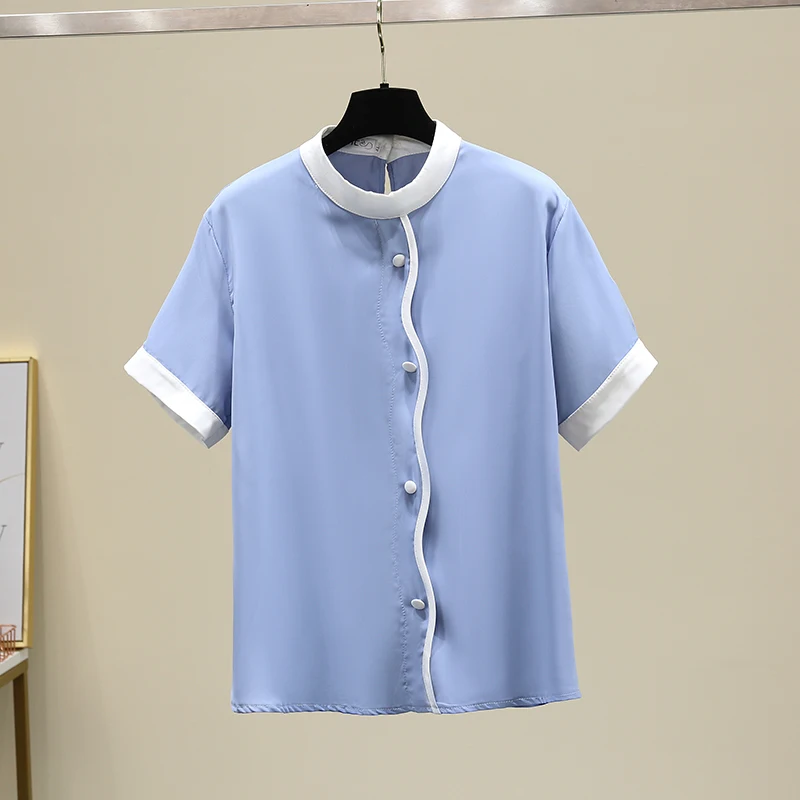 

Black/Blue Summer Women Blouses 2021 Elegant Chiffon Bright Line Decoration Shirt Short Sleeve Buttons Shirts Womens Casual Tops