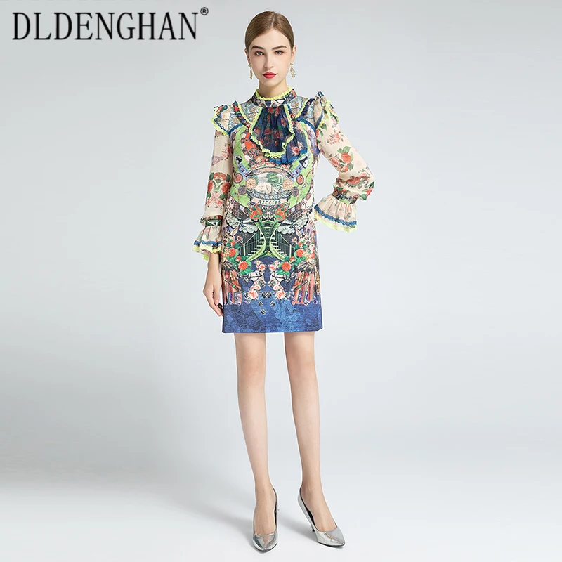 

DLDENGHAN Vintage Floral Print Dress Women's Flare Sleeve Stand Collar Elegant Ruffles Party Dresses Designer Spring New