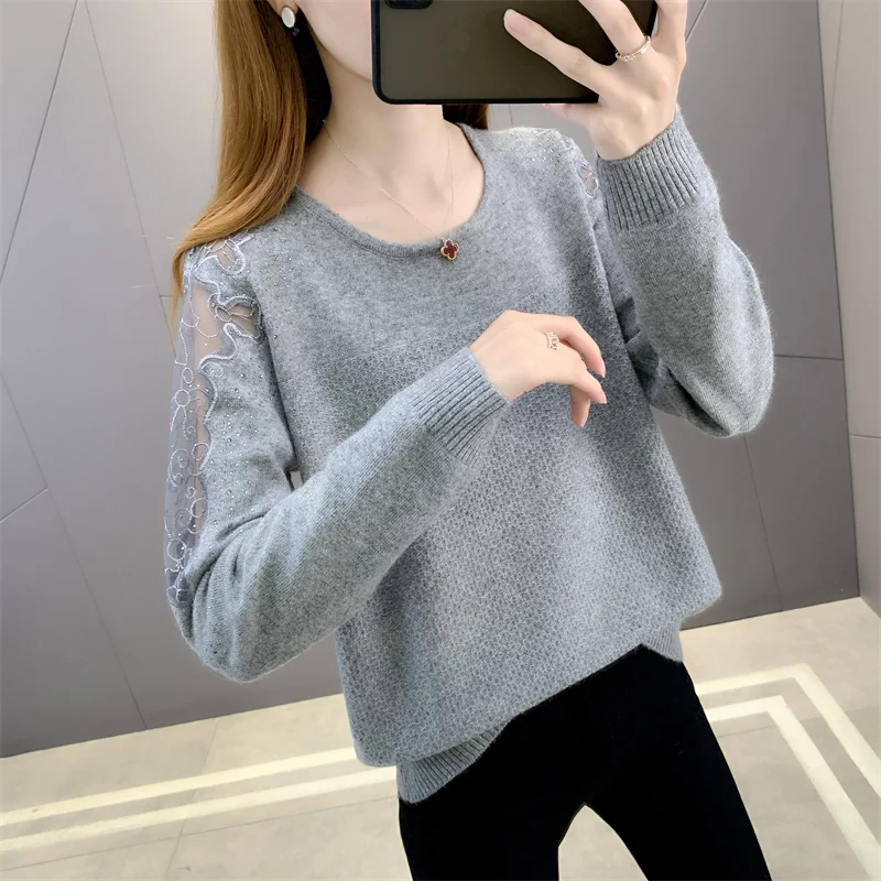 

20775 (under No. 5, row 5, room 6) live shooting Round Neck Lace splicing Pullover Sweater [1031] 50