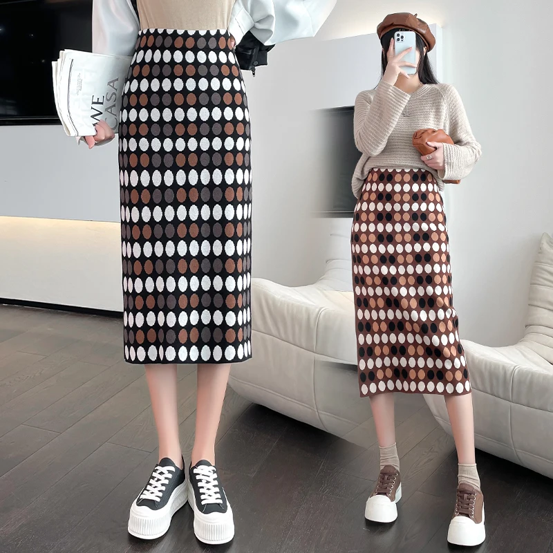 

Женская трикотажная юбка в горошек, модная коричневая мини-юбка средней длины в корейском и японском стиле, Осень-зима 2021
