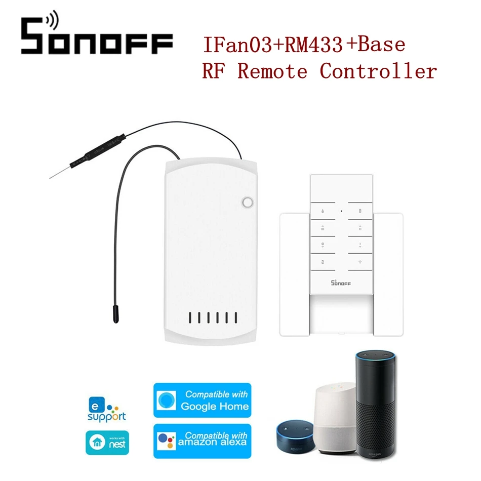 Интеллектуальный выключатель света SONOFF IFan03 AC100-240V 50/60 Гц, Wi-Fi, потолочный вентилятор и светильник пульт дистанционного управления с RM433 РЧ пульт дистанционного управления и основание