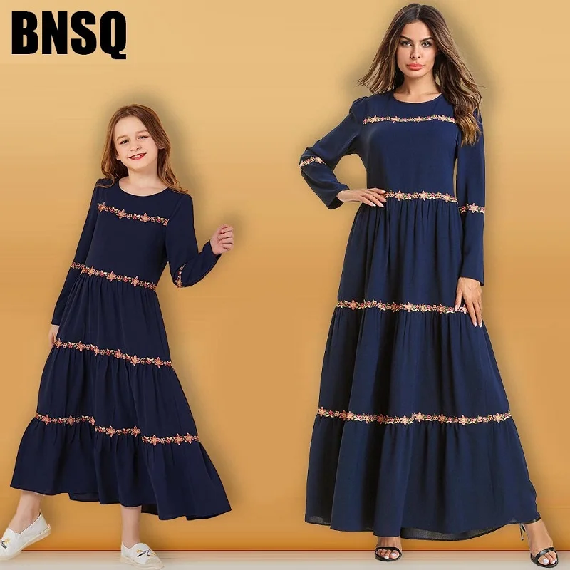 Платье с длинными рукавами для мамы и дочки Семейные пижамы вышивкой в морском