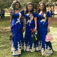 royal blue satin mermaid bridesmaid dresses off the shoulder with lace appliques long 2021 african girls prom party dress gown