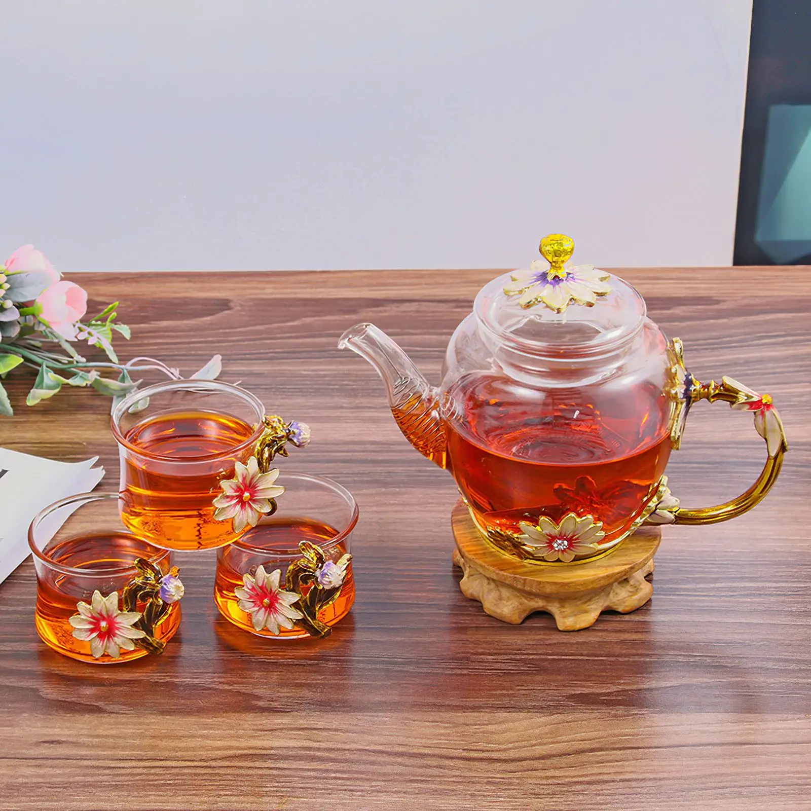 

Daisy Glass Teapot France Enamel Rose Glass Teapot Kettle Heat Resistant Enamel Glass Teapot With Strainer 6 Cups Tea Pot Set