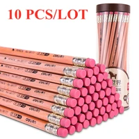 10 pcs student writing pencil with eraser rubber head exam art painting sketch pencil safety log 2bhb hexagon rod