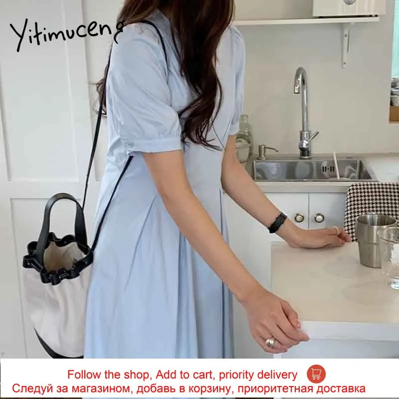 

Yitimuceng Midi Dresses for Women High Waist Short Puff Sleeve Unicolor Sky Blue White Green 2021 Summer Fashion Simple Style