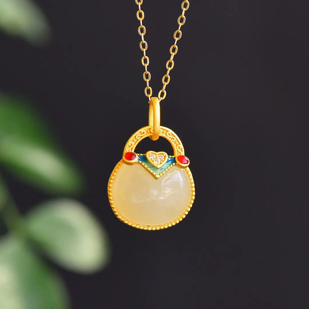 

S925 Sterling Silver Hetian Jade Inlaid Enamel Bag Pendant Packaging You Have Money Necklace Ancient Gilding Inlaid Women's
