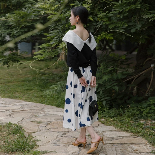 

Vintage Fashion 2019 Loose Summer Set Women Single Breasted Knit Dot Twinset Korean A-line Peter Pan Collar 2 Pcs Set