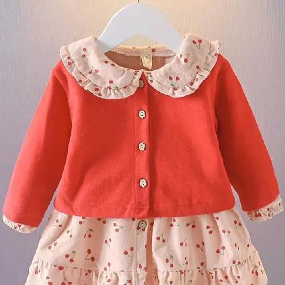 Newborn Infant Baby Dresses Girls Kids Spring Floral Cherry Dots Dress Knitted Cardigan Coat Set for Baby Girls Clothes Set 2021 images - 6