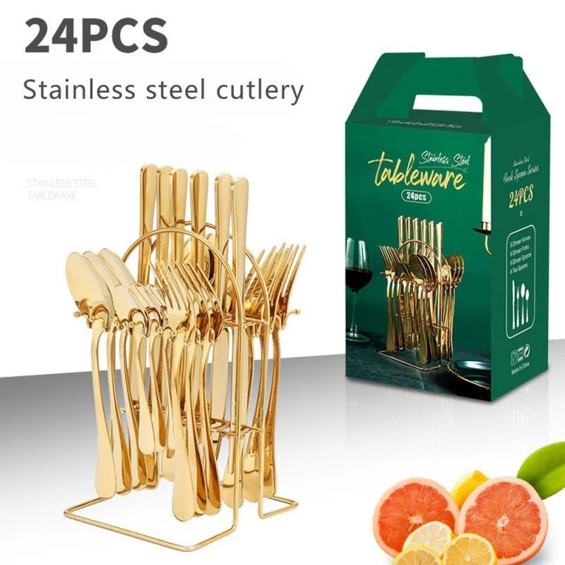 

HAIMAITOUNG 24pcs Gold/Silver Dinnerware Set Stainless Steel Tableware Knives Fork Spoon Rack Cutlery Set for Home Hotel