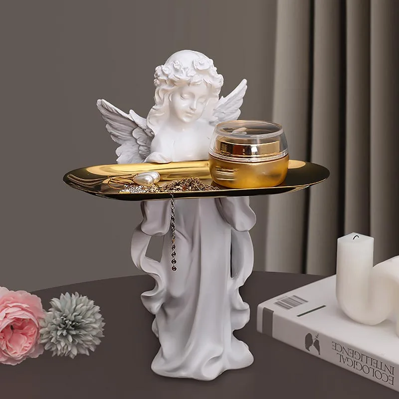 

Angel Pray Girl Fairy Sculpture Storage Plate Living Room Decoration Statue Ornament Sundries Container Organizer