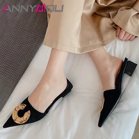 annymoli real leather pumps mules shoes woman pointed toe med heels metal decoration chunky heel female footwear beige size 40