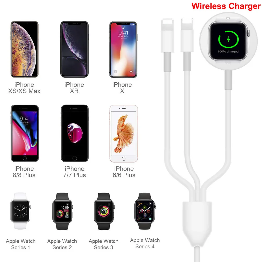 3 in 1 Wireless Charger for Apple Watch 1 2 3 4 Quick Charger 1.2 USB Cable for iPhone X Xs 8 Plus iPod USB Data Cable
