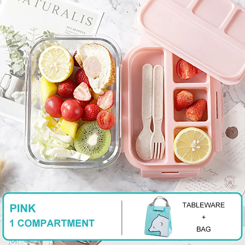 Baispo Ланч-бокс для детей стеклянный микроволновый Bento box контейнер для еды и отсек для хранения школы герметичный кухонный с подогревом - Цвет: Pink 1 gird set