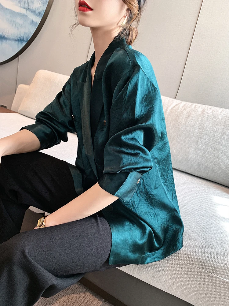 

Новый пиджак из сатина с уксусной кислотой для весны и лета, Женский Повседневный свободный темно-зеленый костюм в Корейском стиле