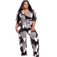new large size jumpsuit 3xl 7xl fashion womens sexy v neck belt short sleeve printing casual large size jumpsuit
