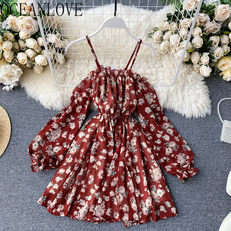 Женское платье с цветочным принтом и открытыми плечами в Корейском стиле
