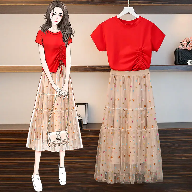 

Women Irregular T Shirt+Mesh Skirts Suits Pleated Solid Tops & Floral Set Jupe Plus Size 4XL Summer 2 Piece Gauze Skirt ZH351