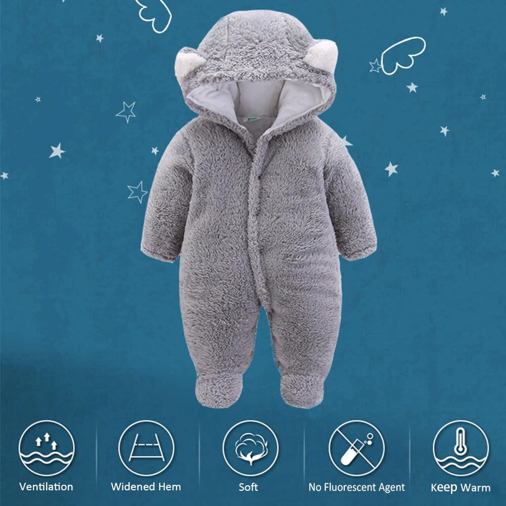 

Fleece Unisex Cartoon Cute Long Sleeve Soft Baby Romper Hooded Jumpsuit Thickened Warm Newborn Snowsuit Autumn Winter