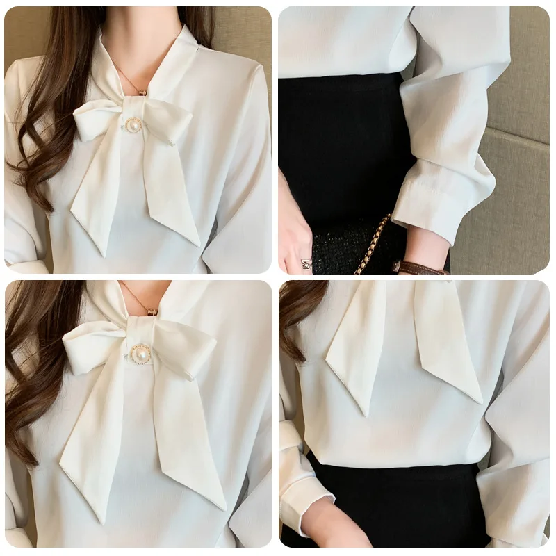 

Irisapparels 2020 Women Tops Autumn New Bow Tie Lace Up Satin Long Sleeved Solid Color Inner Shirt Female Blouse