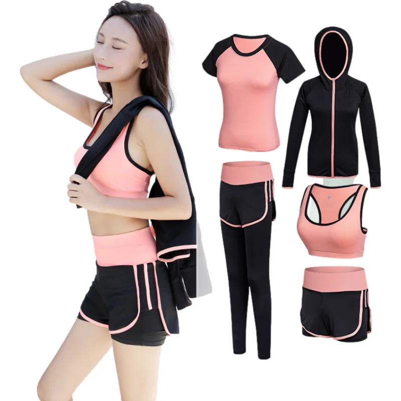 

New Women's Yoga Clothing Suit Summer Quick-Drying Sportswear Five-Piece Sets Slim Running Fitness Clothing