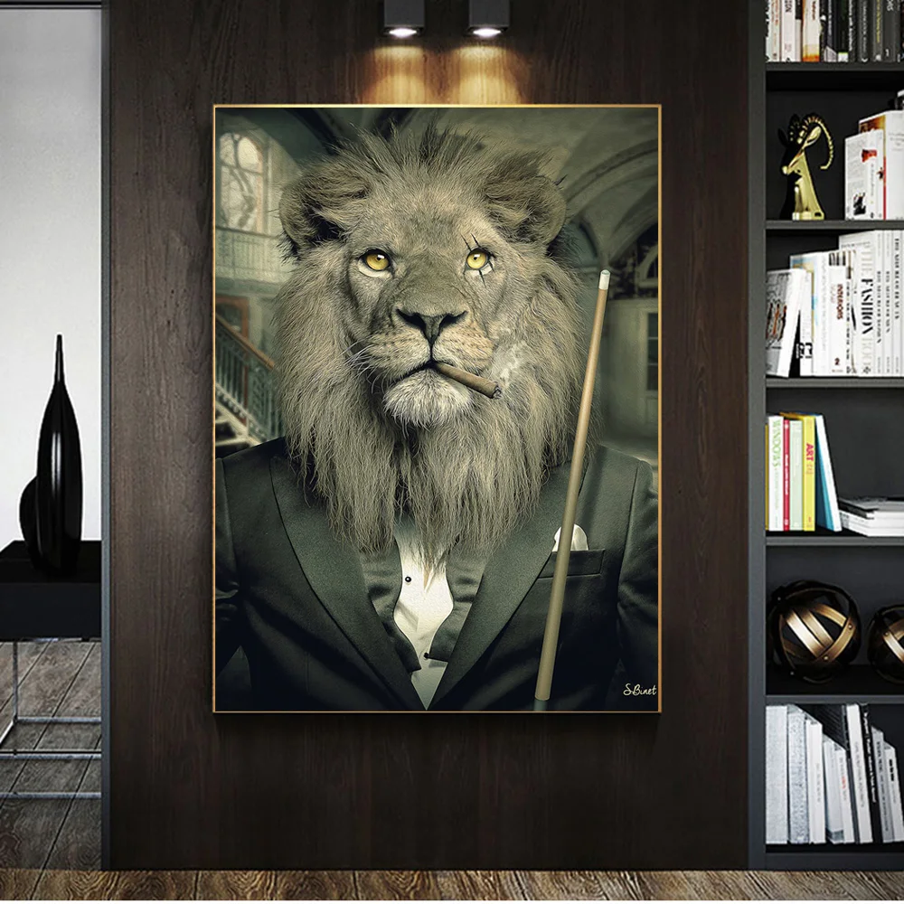

Mafia Lion Smoking In Suit Play Snooker Canvas Painting Wall Art Poster And Prints On Wall Picture For Living Room Decoration