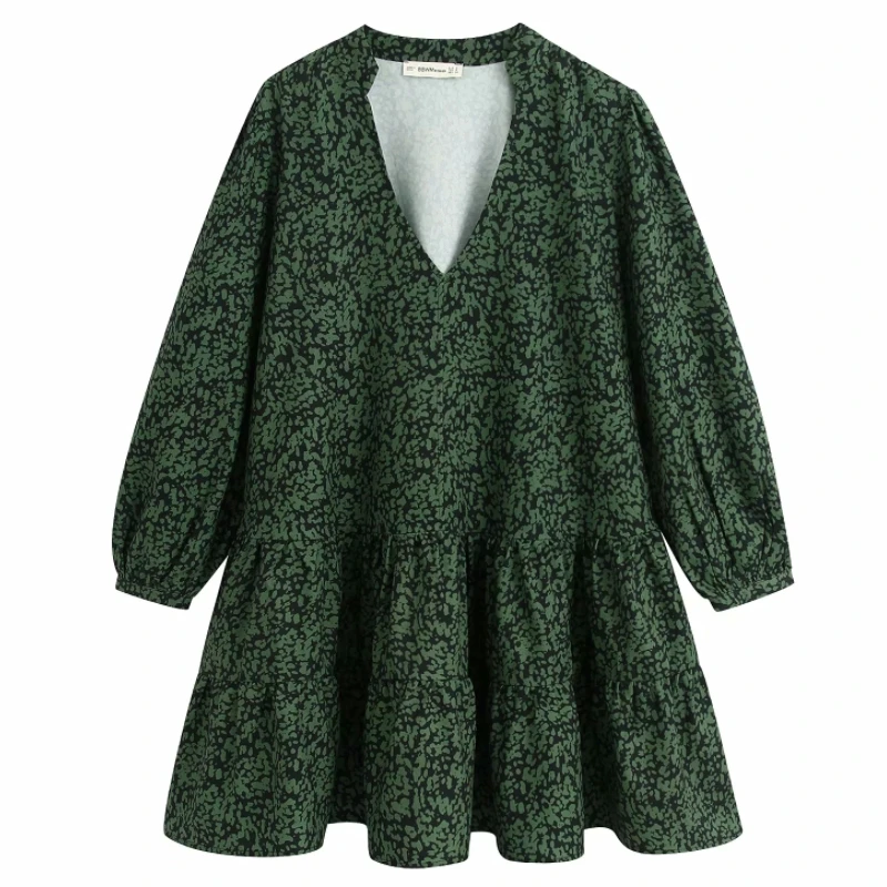 Женское винтажное мини платье с длинным рукавом и принтом повседневное