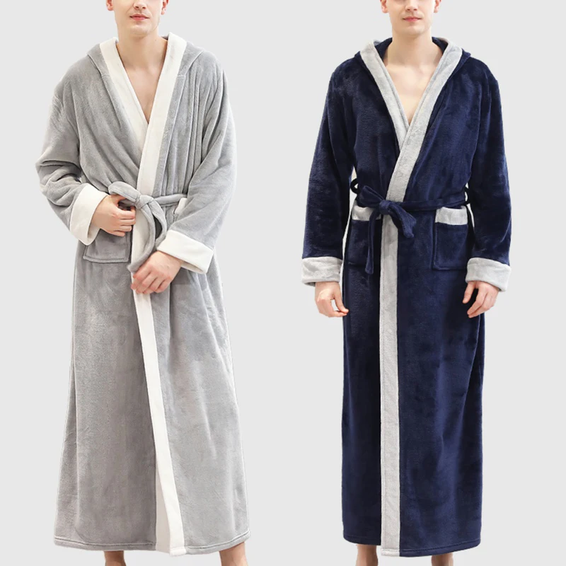 

Hot New Men's Pajamas Beauty Salon Bathrobe Thick Section Autumn And Winter Plus Long Fashion Plus Velvet Robe Flannel