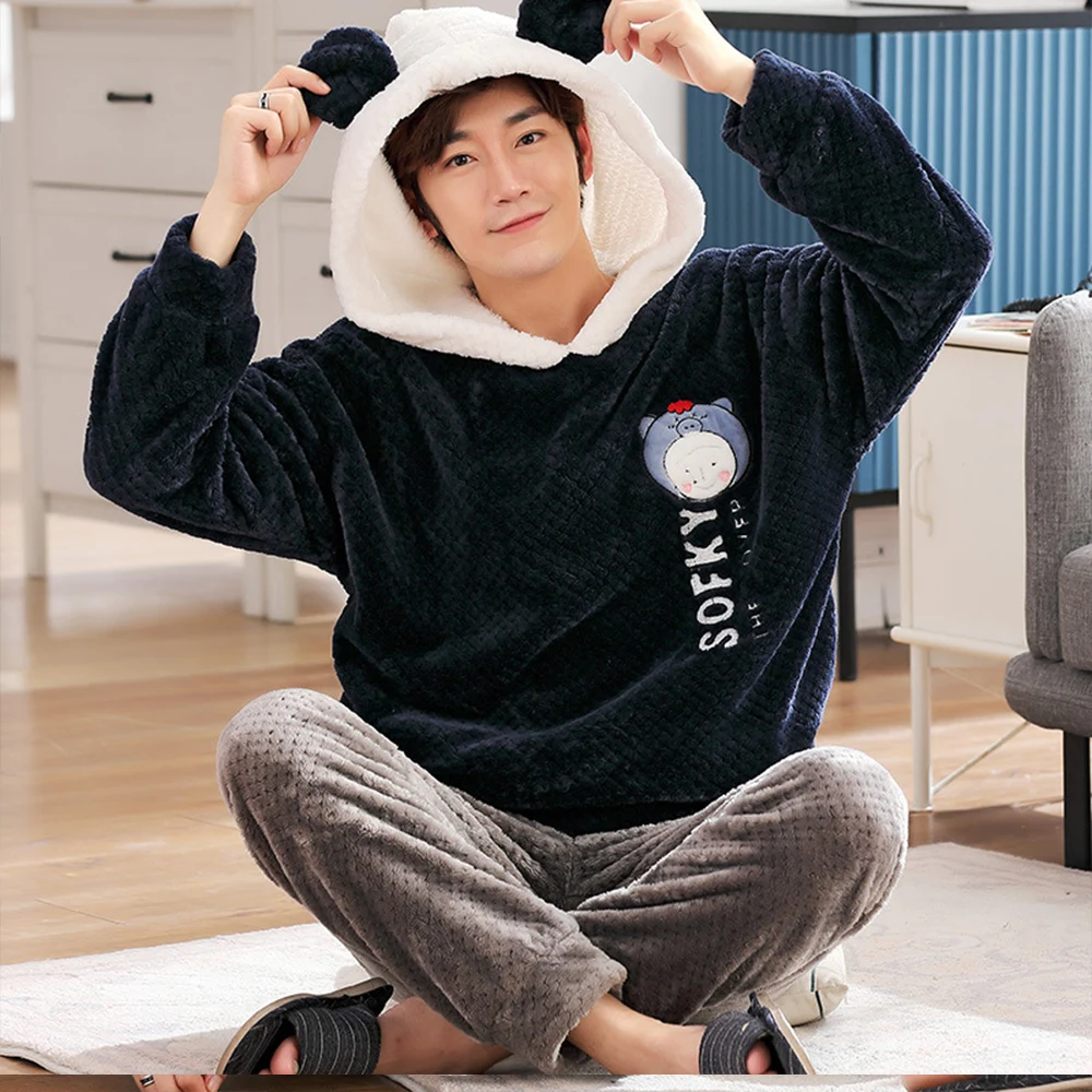 Winter Flannel Hooded Pajama Sets for Men Long Sleeve Thick Warm Pajama Cartoon Print Sleepwear Coral Fleece Homewear Sleepwear