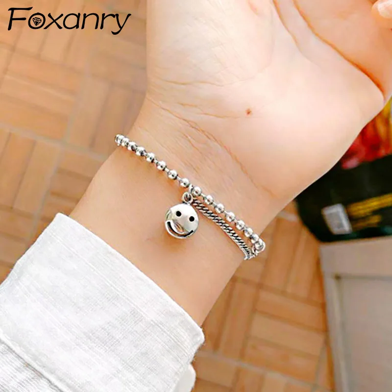 

Foxanry Creative Trendy Thai Silver Bead Chain Bracelet Vintage Handmade Smiley Face 925 Stamp Party Jewelry for Women