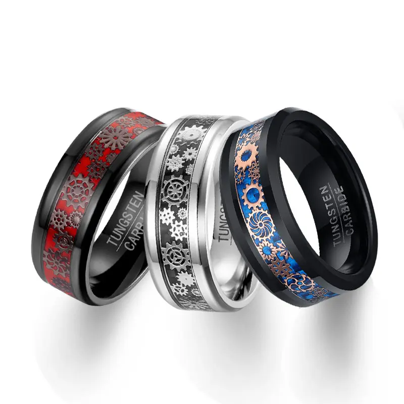 

Fashion 8MM Titanium Steel Inlaid Mechanical Gear Carbon Fiber Men's Wedding Ring High Quality Jewelry Personalized Custom Gift