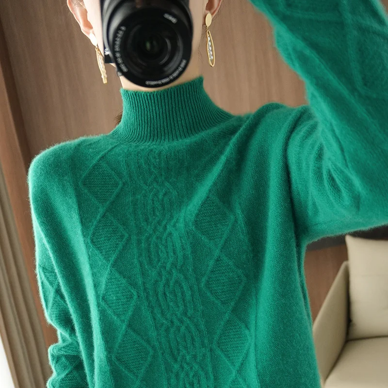 

Zocept Winter Thick Turtleneck Sweater Women Long Sleeve Pullovers Pure Merino Wool Knitted Argyle Sweaters Female Loose Jumper