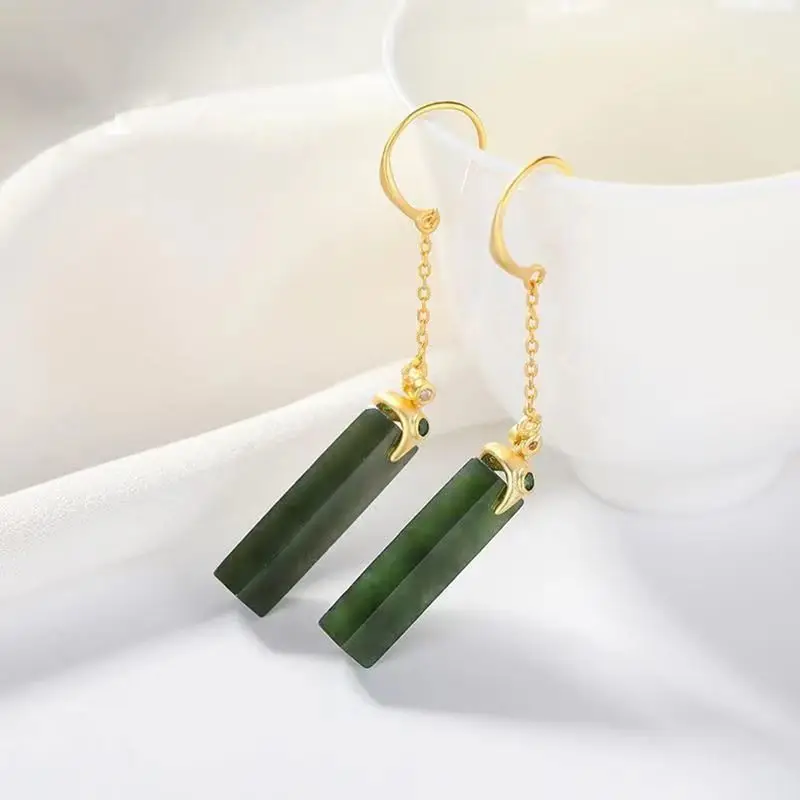 

S925 Sterling Silver Retro Personalized Natural Hetian Jade Green Jade Earrings Elegant Lady Long Eardrop Earrings Ear Rings