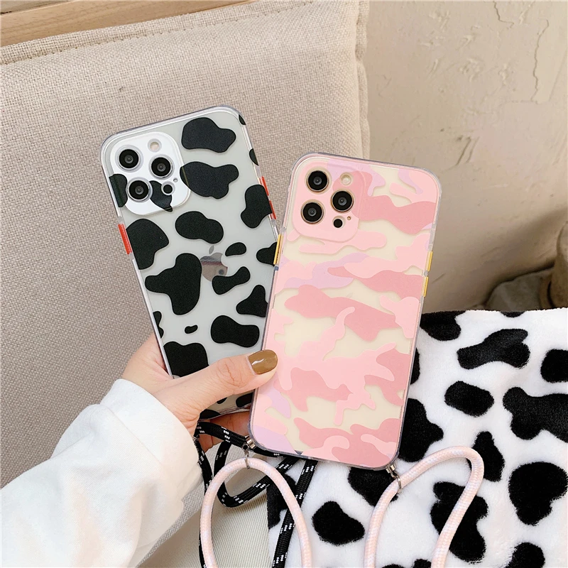 

Fashion Camouflage cow pattern clear soft Phone Case For iPhone 7 8 Plus 12 Mini 11Pro Max XR XS Crossbody Cord lanyards cover