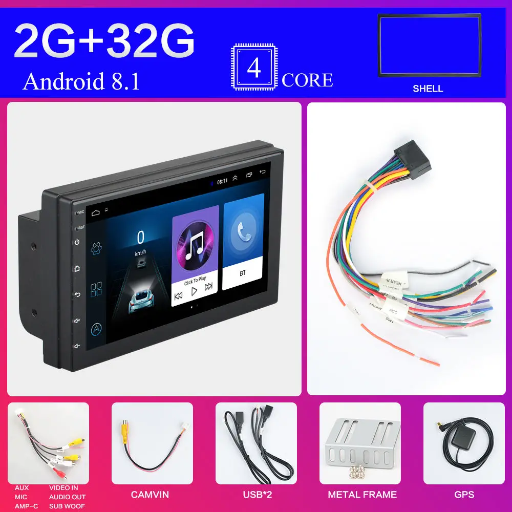 Черный 2 Din Android 8,1 Автомагнитола стерео без DVD " 1024*600 Универсальный Автомобильный плеер gps навигация Wifi Bluetooth USB Радио аудио плеер - Цвет: Черный