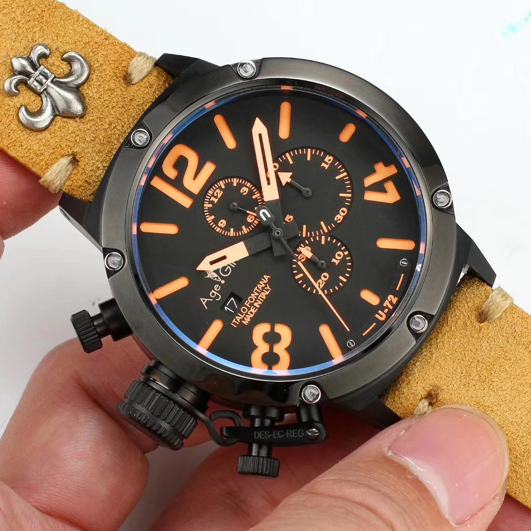 Совершенно Секундомер-хронограф для мужчин U CHRONOMETER U72 Chimera Состаренный коричневый корова черный корпус кожа лодка часы сапфир Оранжевый Белый