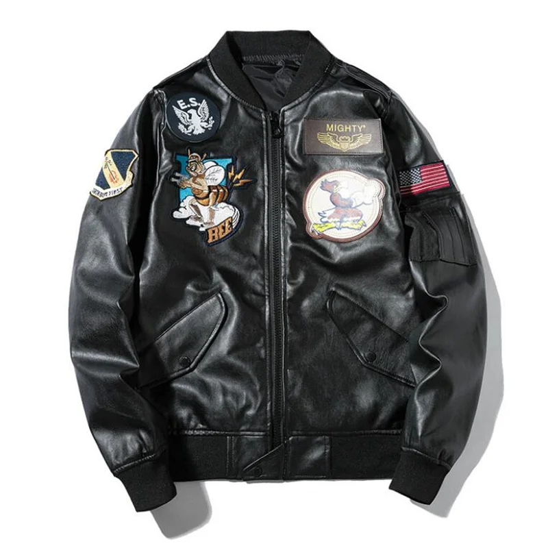 Мужская кожаная куртка на молнии с вышивкой весна-осень | одежда