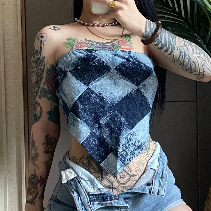 

XUXI Plaid Stitching Denim Tube Top Summer 2021 Anti-exhaust Sexy Off-the-shoulder Top Women E2919