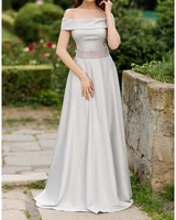 elegant simple silver a line formal evening dress off shoulder sequins sash banquet gown prom dress vestidos de festa