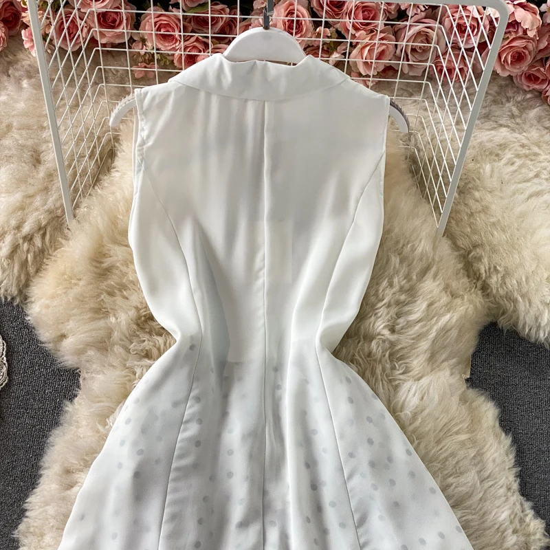 

Amolapha Women Elegant Patchwork Polka Dot Pattern Turn-down Collar Single Breasted Sashes High Waist Mini Dress